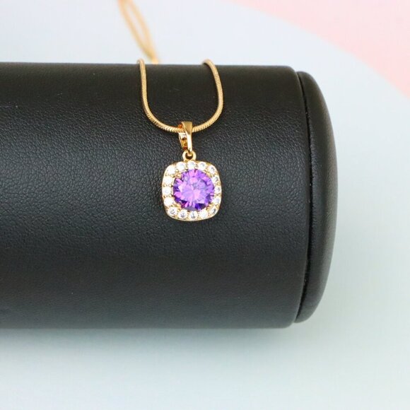"Purple Round Stone Pendant in Gold Plated Brass with Crystal Halo, XPPT1772 - Picture 5 of 13
